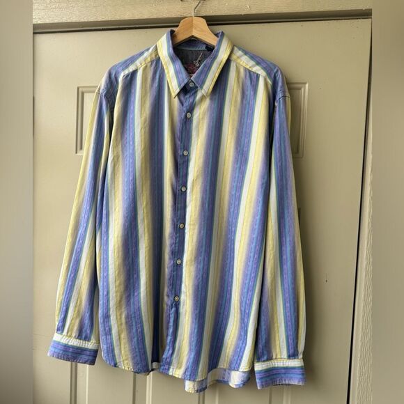 Robert Graham Shirt Mens Stripe Flip Cuff Button Up Floral Embroidered Sz XL - Picture 2 of 15